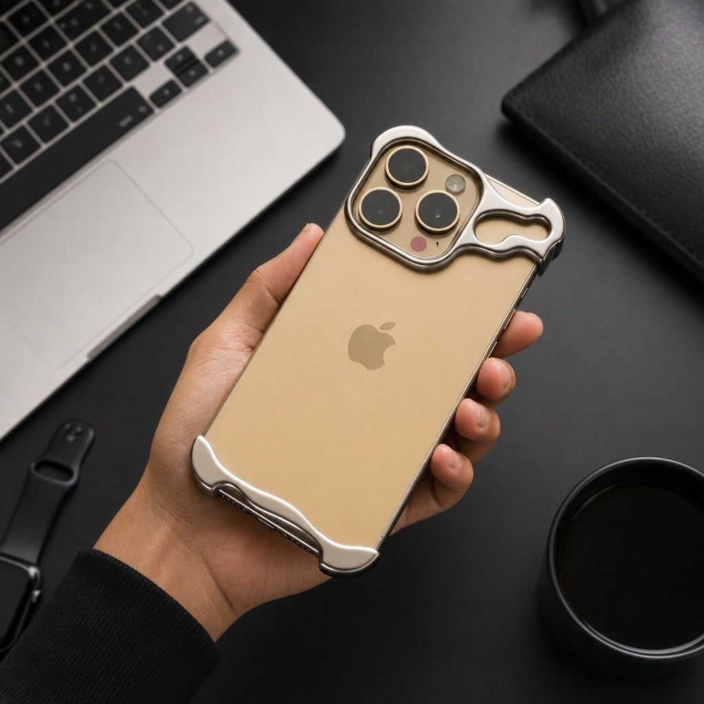 BARE сребрист на iPhone в ръка на бюро